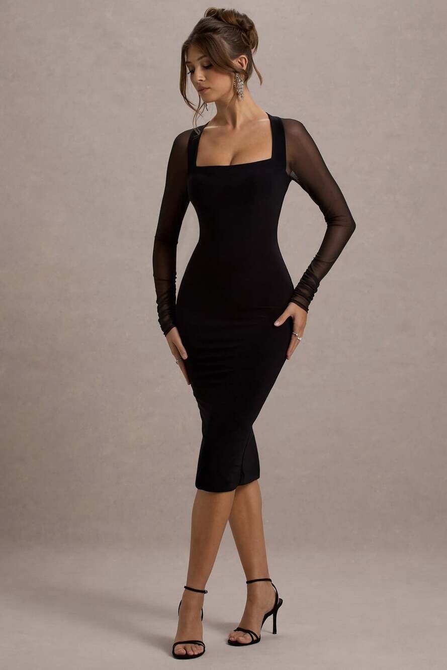 Club London OFF TRACK Black Bodycon Midi Dress NWT